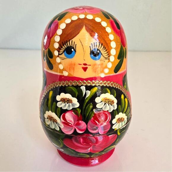 Russian Nesting Dolls Matryoshka Babushka Set of 5 Pink Gold Floral Signed Small - Picture 1 of 16